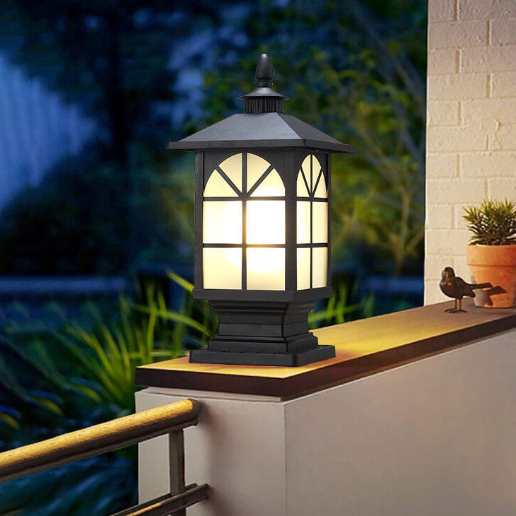 Outdoor Chinese Frosted Glass Aluminum Square Cage Post Head 1-Light Waterproof Patio Landscape Light