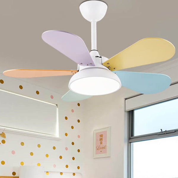 Simple Colorful Round Fan Leaf Kids Downrods Ceiling Fan Light