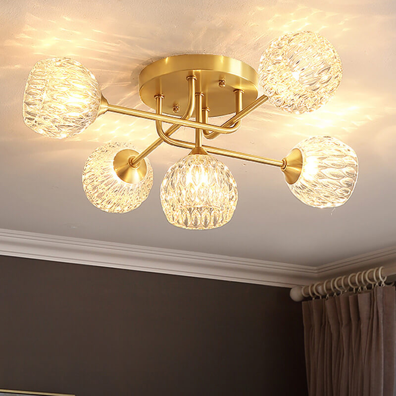 Plafonnier semi-encastré à 5 lumières en verre cristal rond en cuivre de style moderne du milieu du siècle 