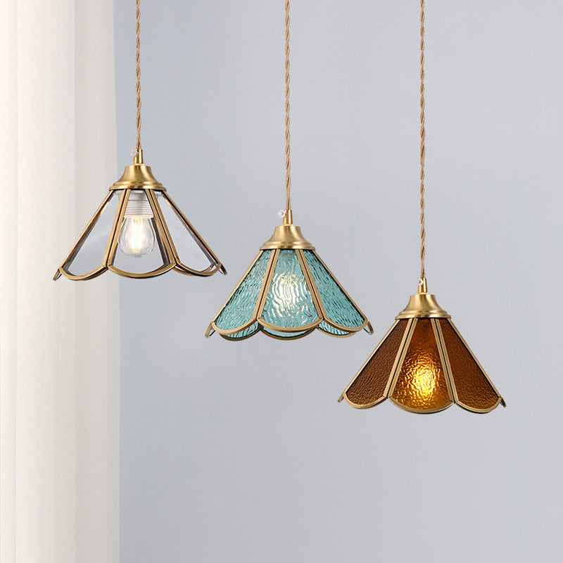 Traditional Vintage Petal Cone Glass Copper 1-Light Pendant Light for Living Room