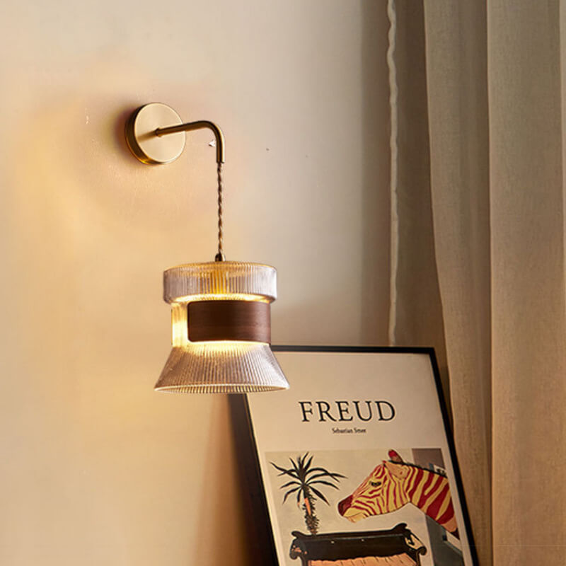 Japanese Minimalist Walnut Scalloped Glass Lampshade 1-Light Wall Sconce Lamp
