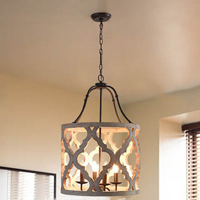 European Vintage Wooden Iron Column 4-Light Chandelier