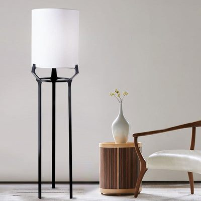 Traditional Chinese Fabric Round Shade Iron Tripod 1-Light Standing Floor Lamp For Study