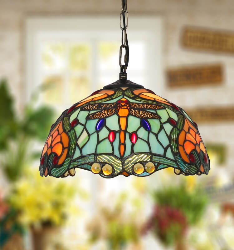 Europäischer Vintage Tiffany Buntglas Metall 1-Licht Pendelleuchte 