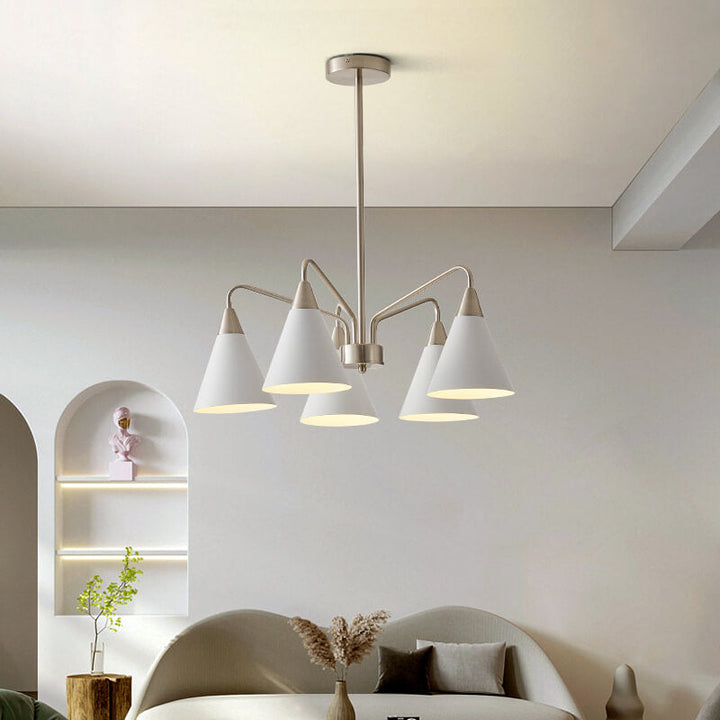 Modern Minimalist Cone Shade Sand Nickel Branch Iron 3/5 Light Chandelier for Living Room