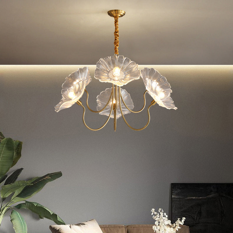 Modern Art Deco Gold Finish Frame Lotus Leaf Glass Shade 3/6-Light Chandelier For Living Room