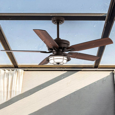 Lame de ventilateur en bois étanche industrielle contemporaine, cadre rond en fer, tiges LED, lumière de ventilateur de plafond pour Patio extérieur 
