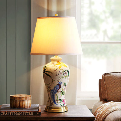 Traditional Chinese Bird & Flower Painted Ceramic Base Fabric Shade 1-Light Table Lamp For Home Office