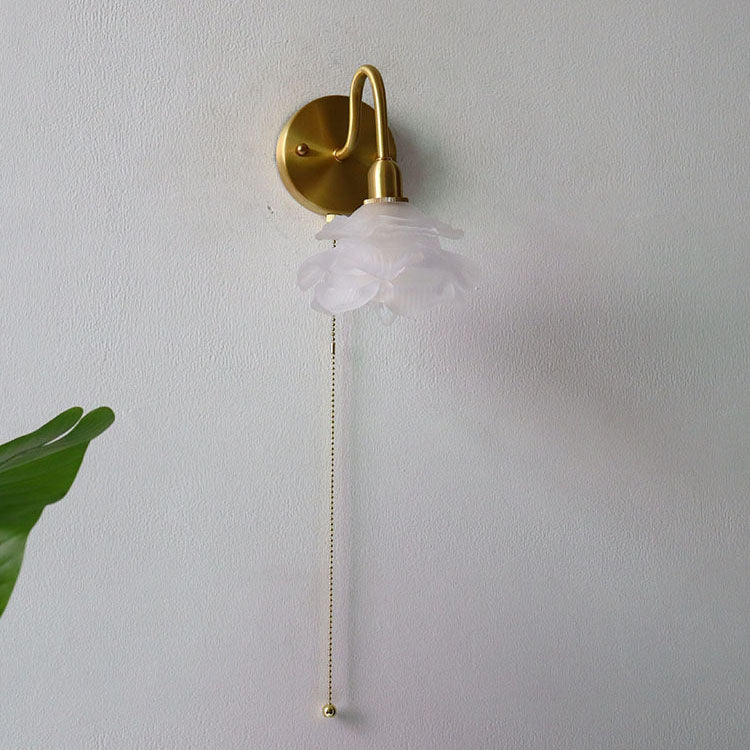 Japanese Minimalist Floral Frosted Glass 1-Light Pull Cord Wall Sconce Lamp