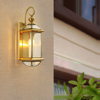 European Simple Copper Glass Square Lantern 1-Light Outdoor Waterproof Wall Sconce Lamp