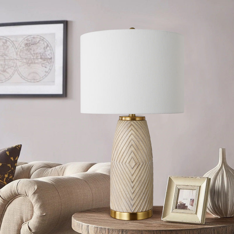 Modern Luxury Fabric Drum Resin Hardware Column 1-Light Table Lamp for Bedroom