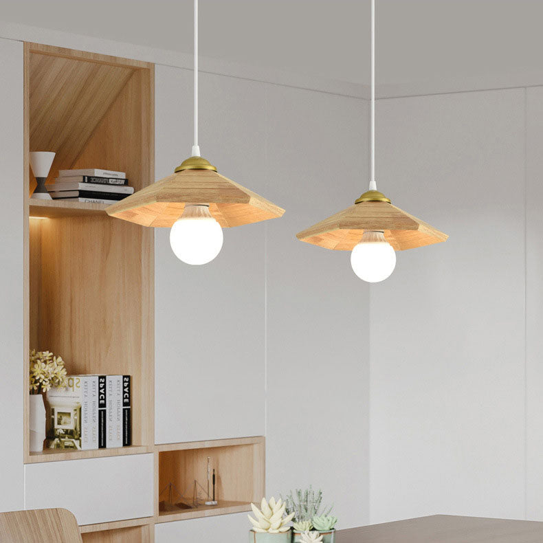 Traditional Japanese Oak Geometric Cone 1-Light Semi Flush Mount Ceiling Light For Living Room