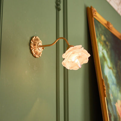 Japanese Vintage Rose Glass Brass 1-Light Wall Sconce Lamp