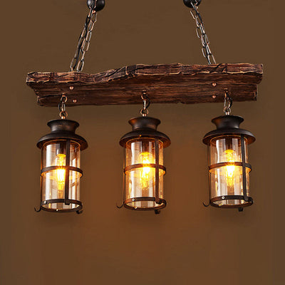 Lustre à 3 lumières en fer avec bande boisée de style ferme traditionnelle pour salle à manger 