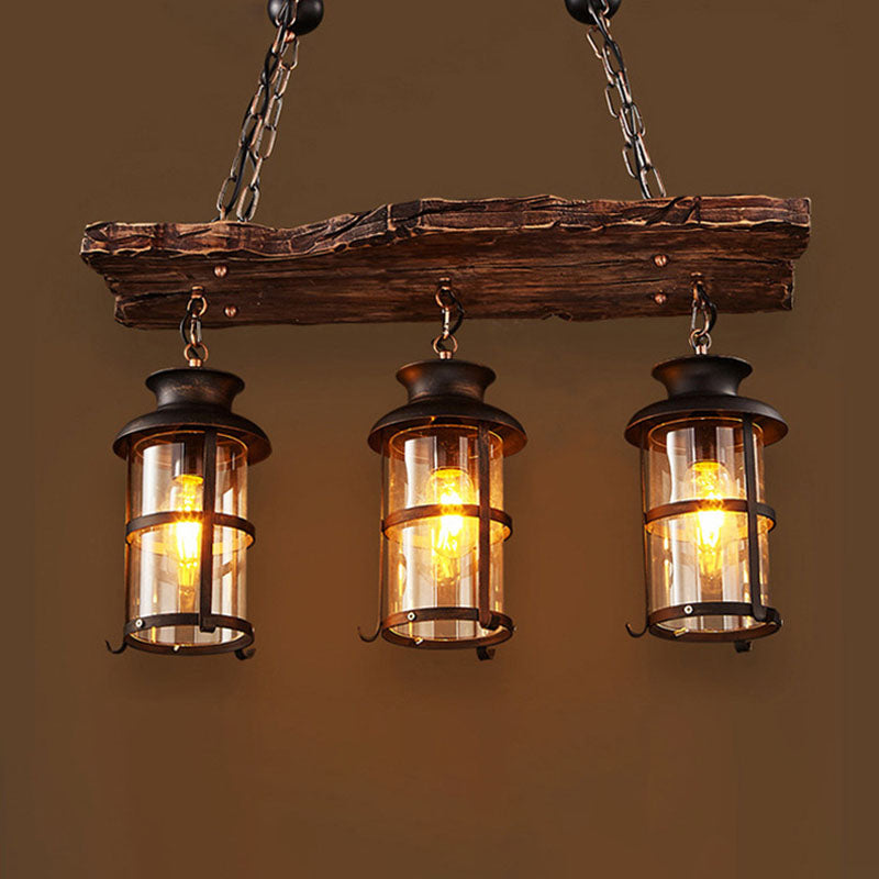 Lustre à 3 lumières en fer avec bande boisée de style ferme traditionnelle pour salle à manger 