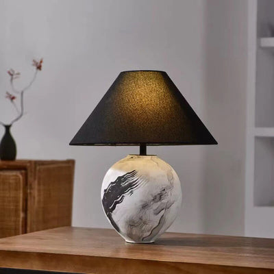 Chinese Retro Ink Painting Decorative Ceramic Fabric Shade 1-Light Table Lamp