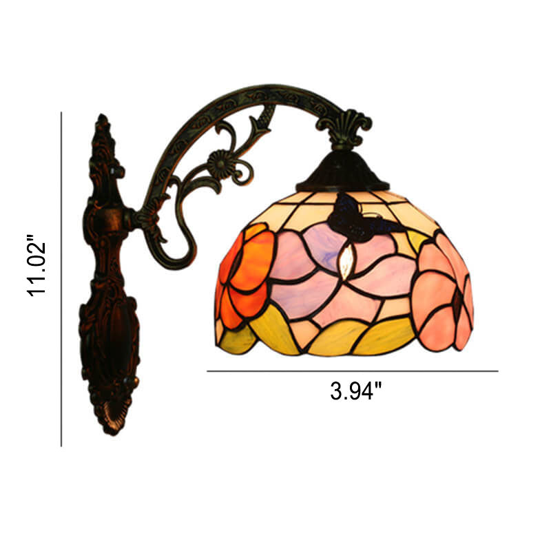 European Tiffany Butterfly Flower Stained Glass Dome 1-Light Wall Sconce Lamp