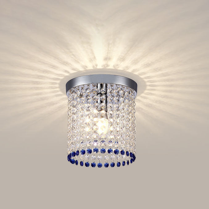 Modern Minimalist Crystal Bead Curtain Round 1-Light Semi-Flush Mount Ceiling Light For Hallway