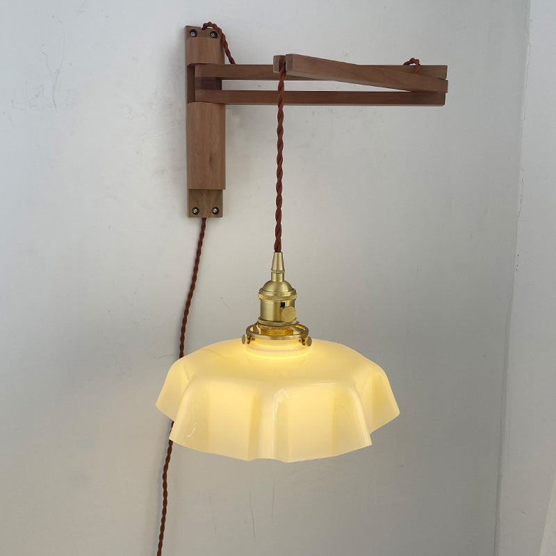 Modern Eclectic Rotatable Wooden Beam Pleated Glass Shade 1-Light Wall Sconce Lamp For Bedroom