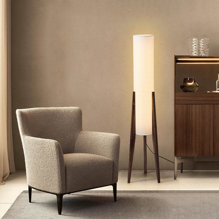 Pantalla cilíndrica de tela china tradicional con trípode de madera y lámpara de pie de 1 luz para estudio 