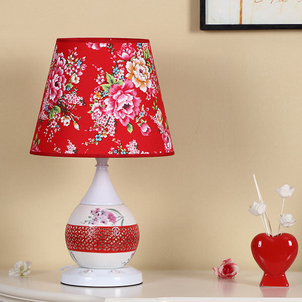 Traditional Chinese Ceramic Fabric Floral Cone 1-Light Table Lamp For Living Room &amp; Bedroom