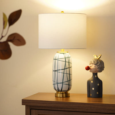 Nordic Light Luxury Green Striped Ceramic Drum Fabric 1-Light Table Lamp