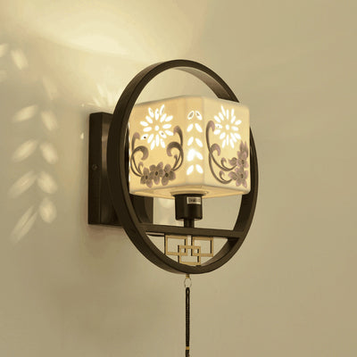 Modern Chinese Fabric Circle Locket 1- Light Wall Sconce Lamp