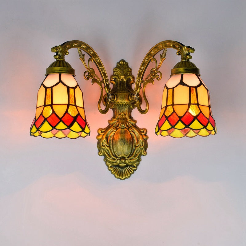 European Tiffany Stained Lattice Glass Bell Shade 2-Light Wall Sconce Lamp