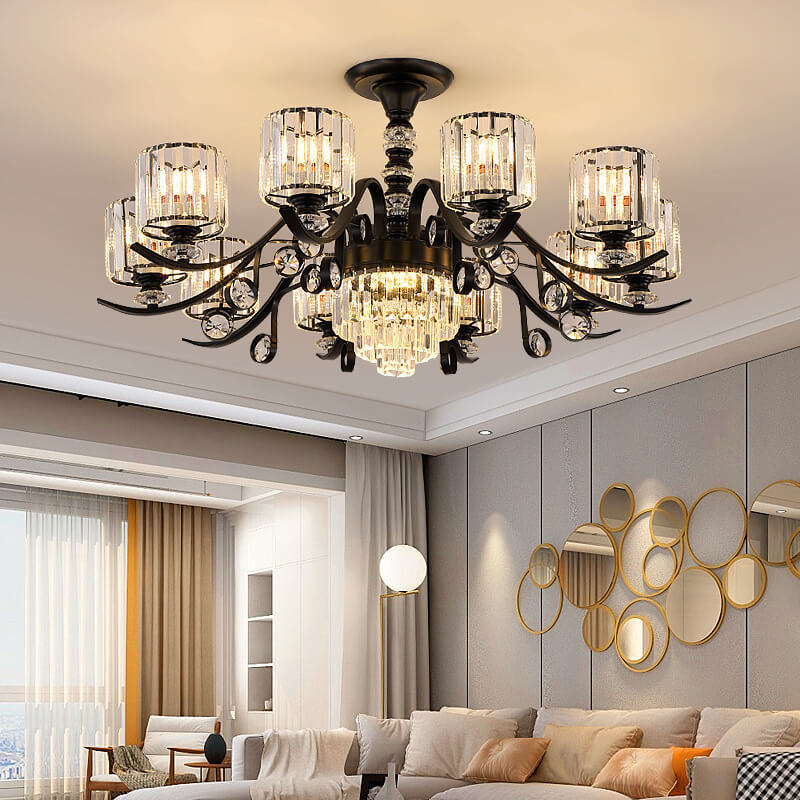 Modern Luxury Cylinder Iron Glass Crystal 6/8/10/12 Light Chandelier For Living Room