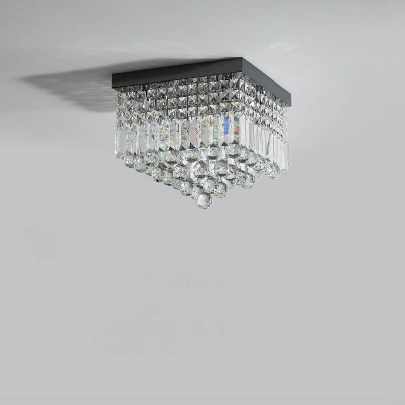 Traditional European Square Crystal Beaded Curtain 4-Light Flush Mount Ceiling Light For Living Room