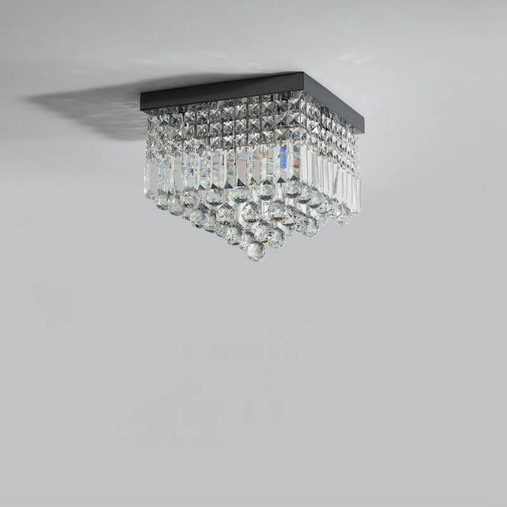 Traditional European Square Crystal Beaded Curtain 4-Light Flush Mount Ceiling Light For Living Room