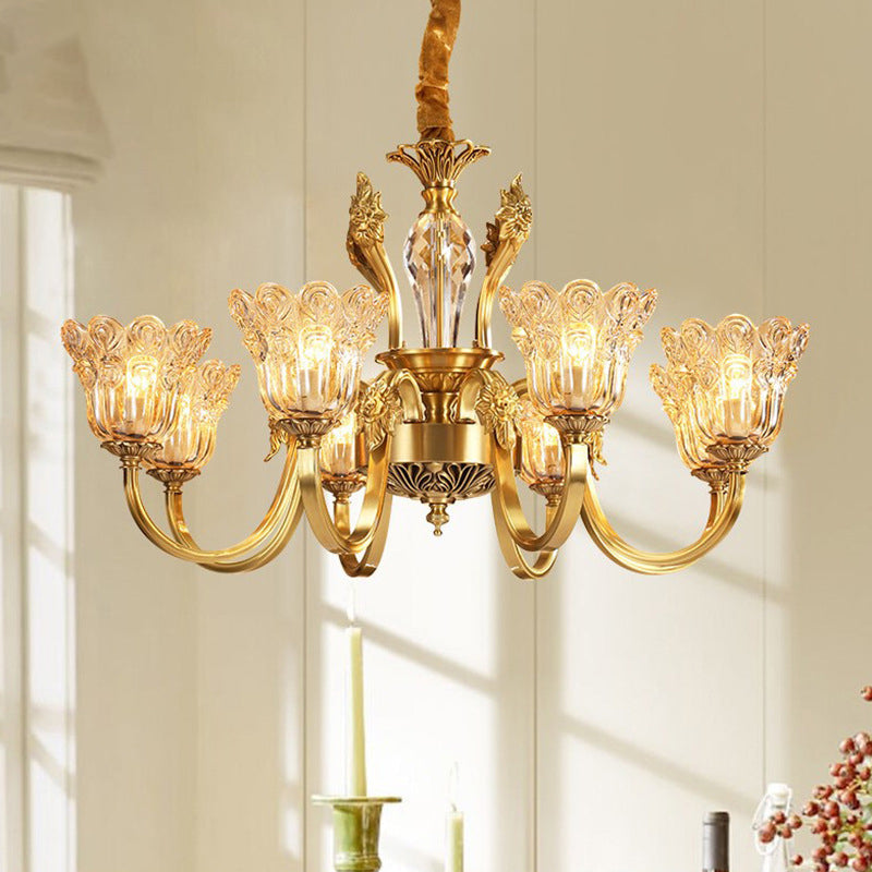Lámpara de araña con pantalla de vidrio floral y acabado dorado tradicional francés de 6/8 luces para sala de estar 