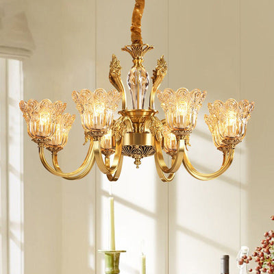 Traditional French Gold Finish Frame Floral Glass Shade 6/8-Light Chandelier For Living Room