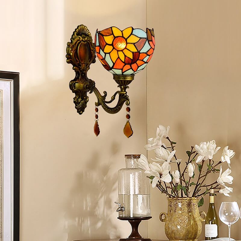 Vintage Tiffany Sunflower Stained Glass 1-Light Wall Sconce Lamp