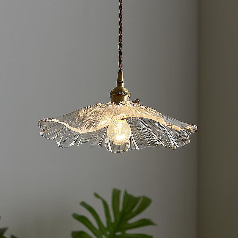 Traditionelle Vintage Messing Lotusblatt Glasschirm 1-Licht Pendelleuchte für Wohnzimmer 