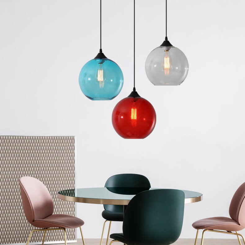 Moderner minimalistischer 1-flammiger Pendelleuchte aus farbigem Rundglas und Eisen für das Wohnzimmer 