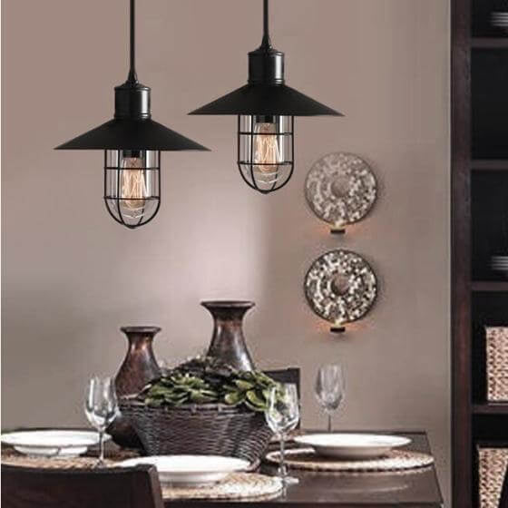 Contemporary Industrial Round Black Cage Iron 1-Light Single Bell Pendant Light For Living Room