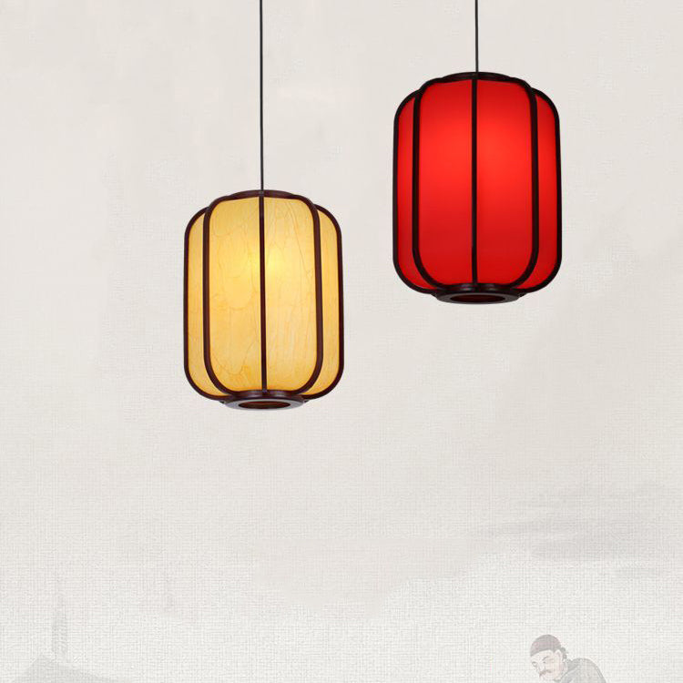 Modern Chinese Faux Sheepskin Wooden Lantern 1-Light Pendant Light