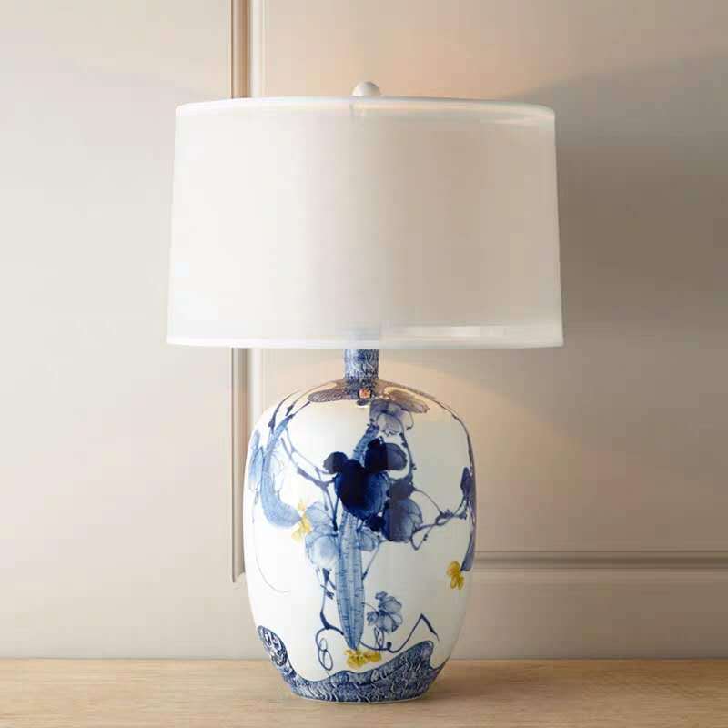 Traditional Chinese Fabric Round Shade Hand-painted Ceramic Vase Base 1-Light Table Lamp For Bedroom