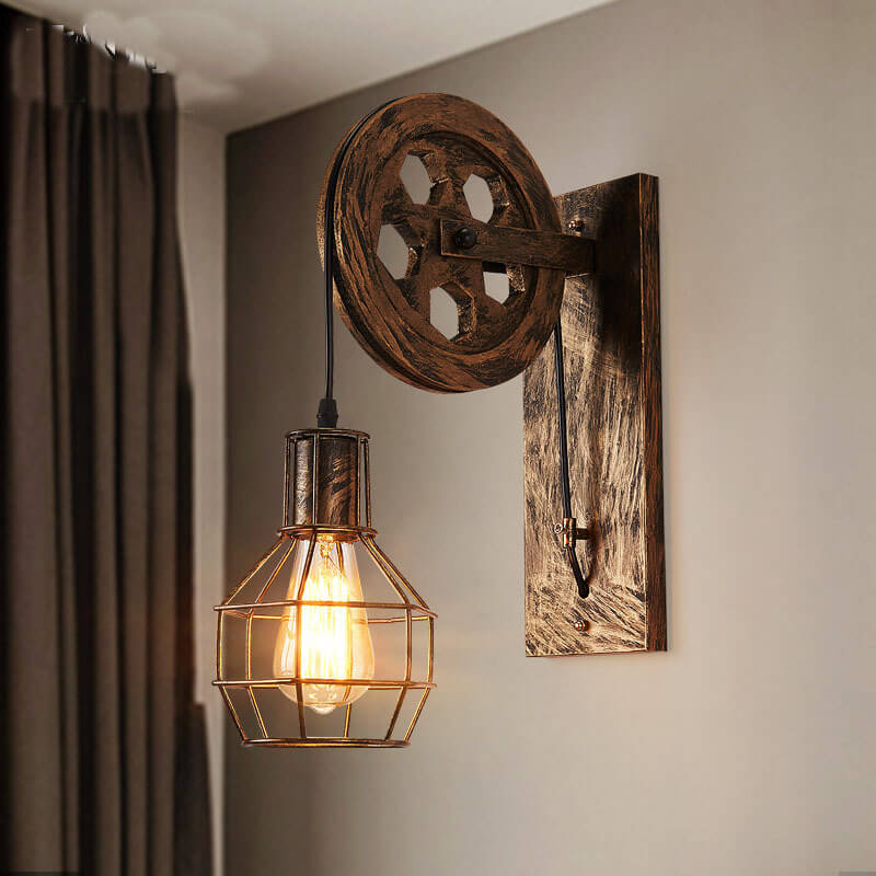 Cage Iron Lampshade 1-Light  Geometric Wheel Arm Sconce Lamp