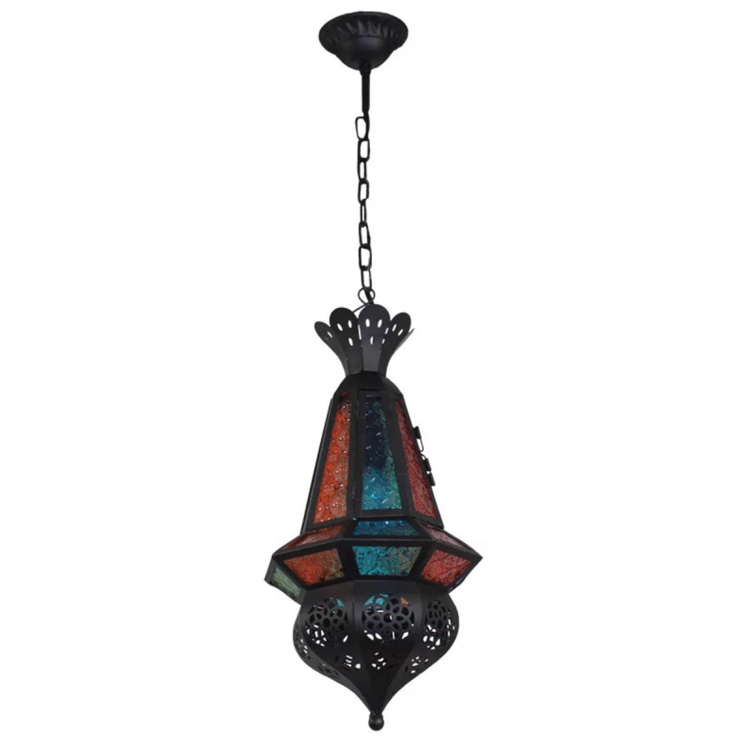 Traditionelle Vintage-Pendelleuchte im marokkanischen Stil mit Skelett-Design, Buntglas und Eisenkäfig, 1-flammig, für das Wohnzimmer 