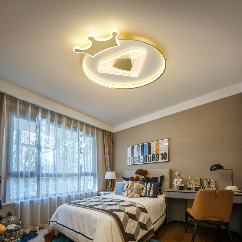 Plafonnier LED pour enfants avec abat-jour acrylique en forme de couronne ronde et diamant de simplicité créative 