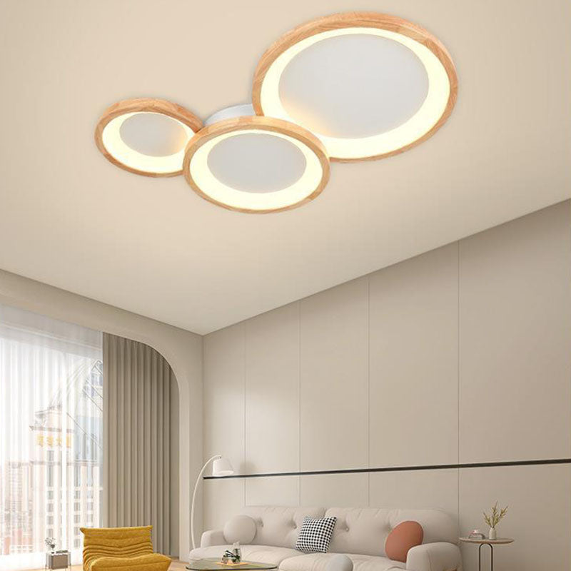 Contemporary Nordic Wood Frame Acrylic Round Shade LED Flush Mount Ceiling Light For Living Room