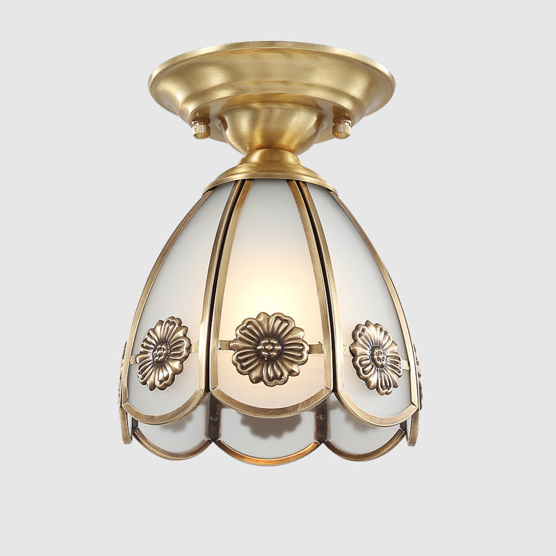 Traditionelle halbhohe 1-flammige Deckenleuchte aus Kupfer und Glas in Kegelform im europäischen Stil für Wohnzimmer &amp; Schlafzimmer 