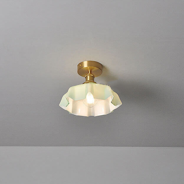 Japanese Vintage Cream Glass Floral Brass 1-Light Semi-Flush Mount Ceiling Light