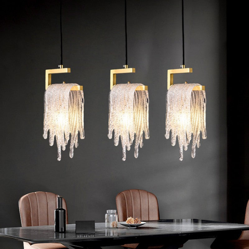 Contemporary Creative Imitation Ice Hanging Glass Tassel Design Brass Frame 1-Light Pendant Light For Living Room