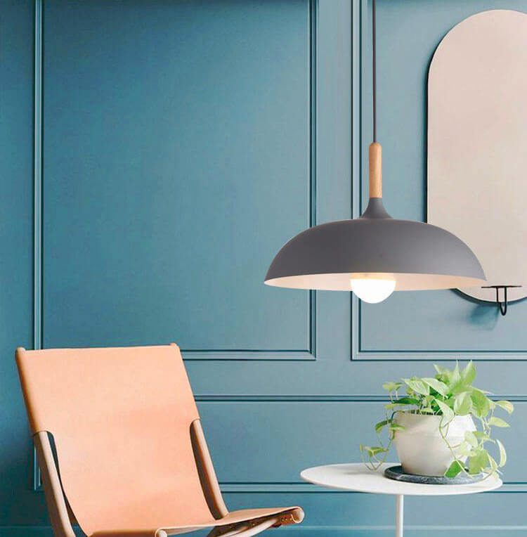 Luz Colgante de Cúpula de 1 Luz con Parte Superior de Madera y Metal Moderno 