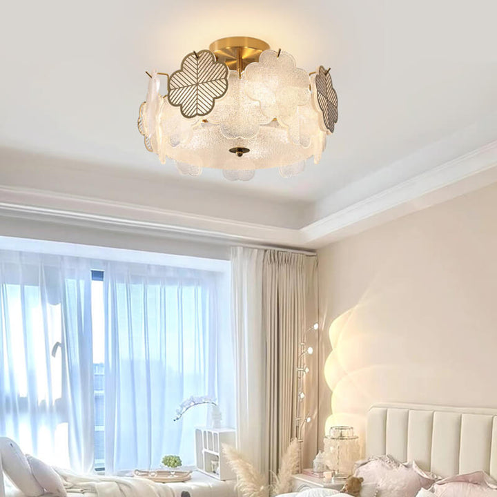 Traditional French Floral Glass Round Hardware 5/8 Light Semi-Flush Mount Ceiling Light for Living Room