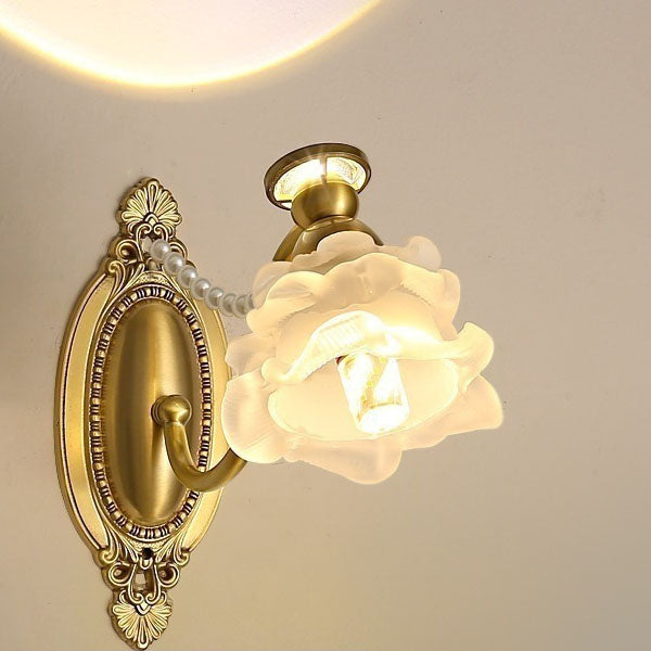 Traditional French Floral Brass Glass 1-Light Wall Sconce Lamp For Bedroom