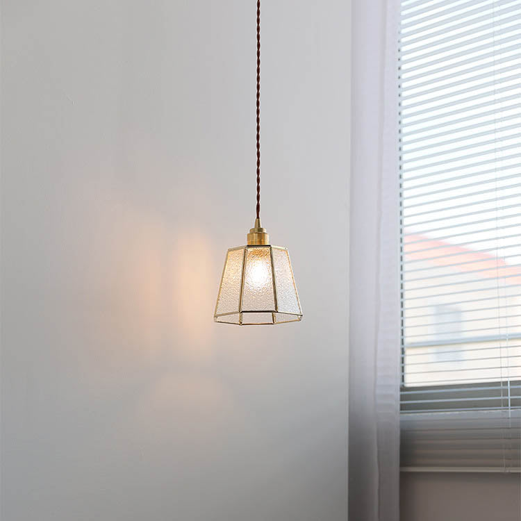 Moderno Arte Deco Vidrio de Grano de Agua Pantalla Poligonal Latón Lámpara Colgante de 1 Luz para Sala de Estar 